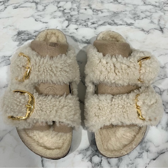 Birkenstock Arizona Gold Big Buckle Shearling Teddy Slide Sandals Cream Size 6 - Picture 8 of 16